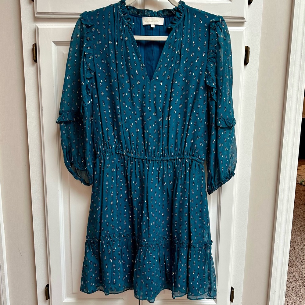 NWOT Caballero Teal Metallic Mini Dress Peasant Style Size Small